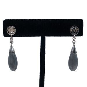 Sterling Silver Gray Jade Teardrop Earrings Chinese Good Luck Symbol 925